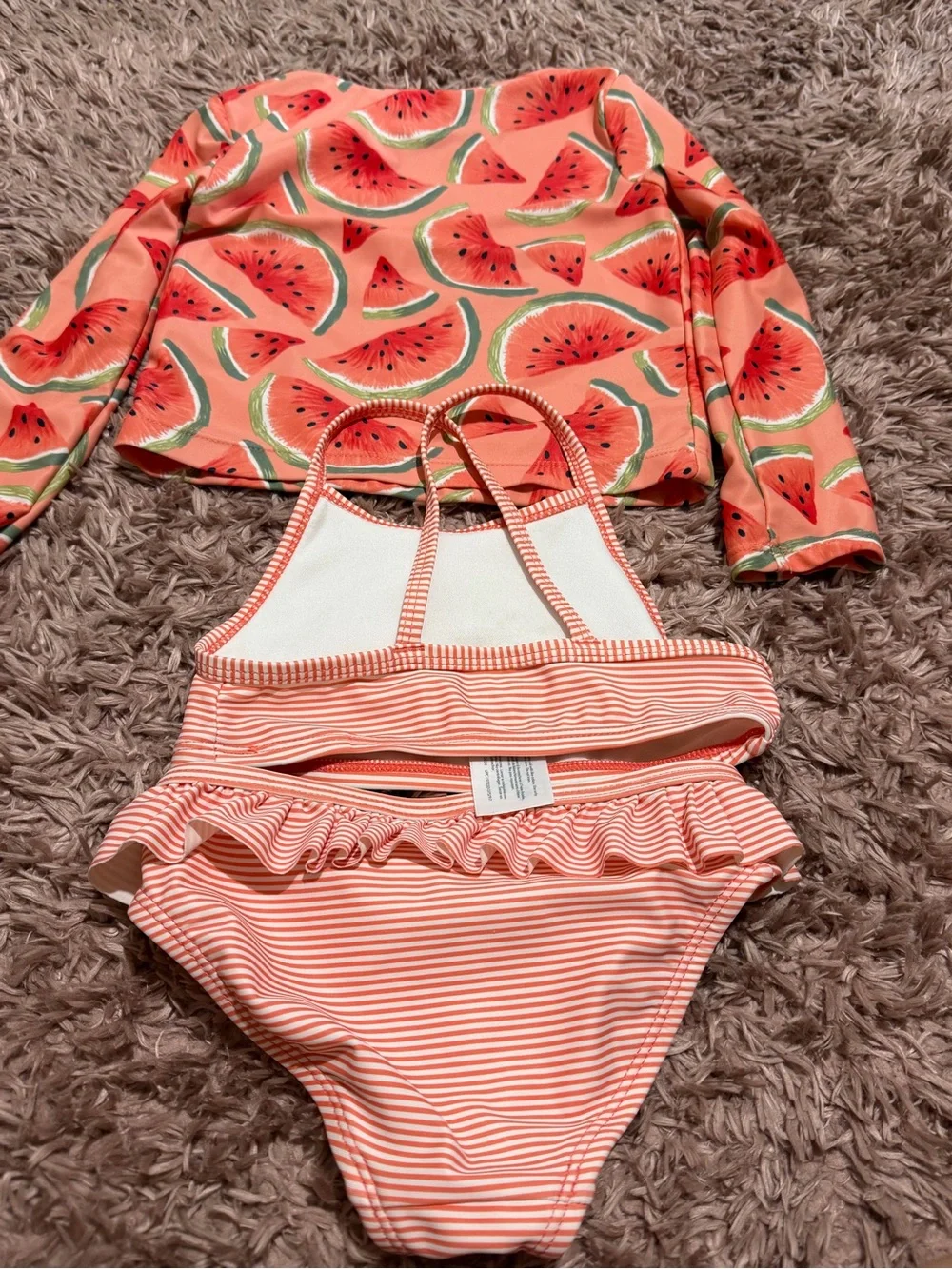 Carters Kids Coral Watermelon Rash Guard Set with Striped Bikini 3 piece